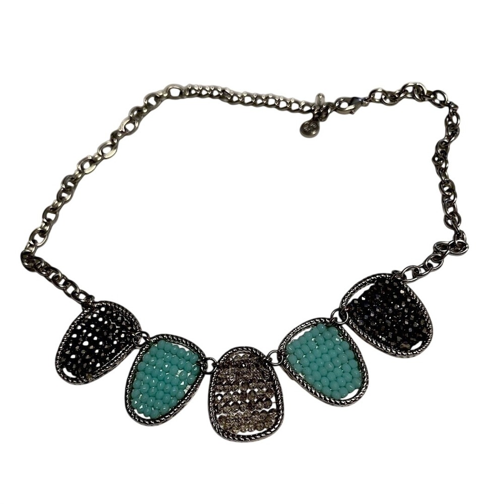 Vera Wang 20" Statement Necklace Gray Beaded Medallions On Silver Color Chain